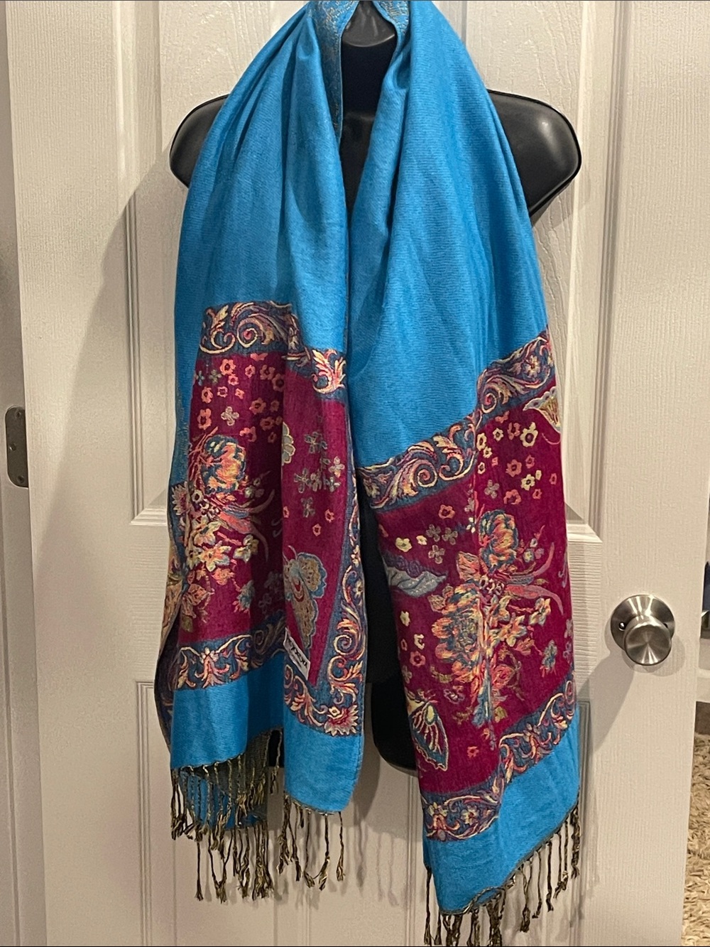 pashmina Turquoise and Burgundy Floral Border Shawl